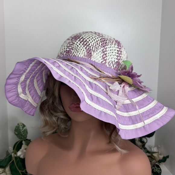 Vintage Women’s One Size Lilac And White Floppy Flower Detail Straw Derby Hat - Picture 6 of 11